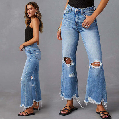 Damen Jeans mit hoher Taille, Rissen und ausgestelltem Bein