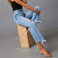 Damen Jeans mit hoher Taille, Rissen und ausgestelltem Bein