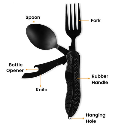 🍴 4-in-1 faltbares multifunktionales Outdoor-Besteck – Löffel, Gabel, Messer & Flaschenöffner – kompakt, leicht & ideal für Camping, Wandern oder Notfalltasche 🏕️
